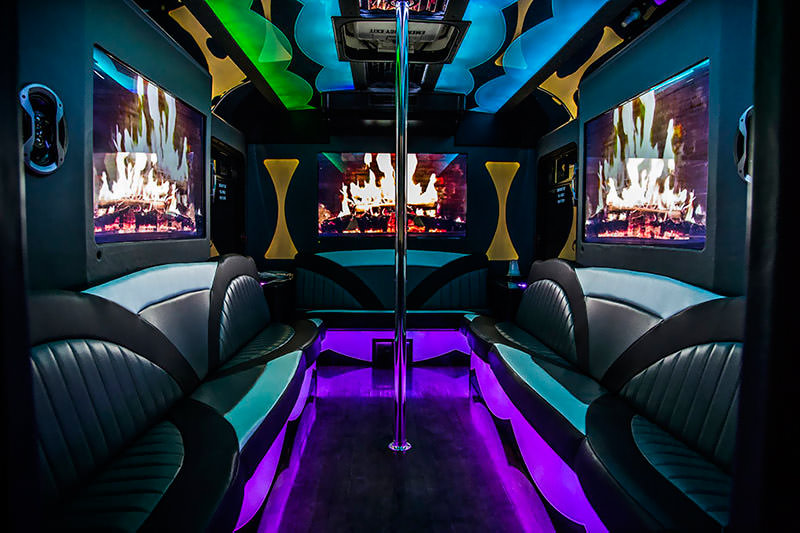 party buses with flat screen TVs and colorful lighting